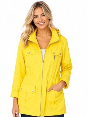 Style & Co. Yellow Hooded Polyester Zip Up Trench Coat (Size :Med)